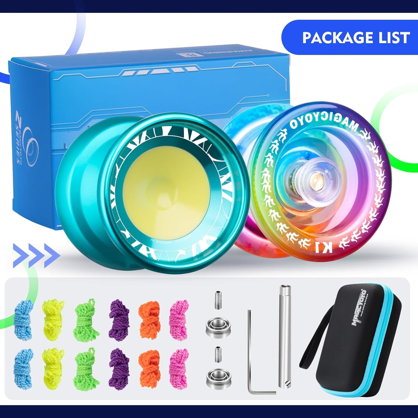 MAGICYOYO Responsive and Slow Yo-Yo with Bearing Kit + 12 Strings + Storage Bag (V11 Lake Blue + K1 Blue Pink Yellow)