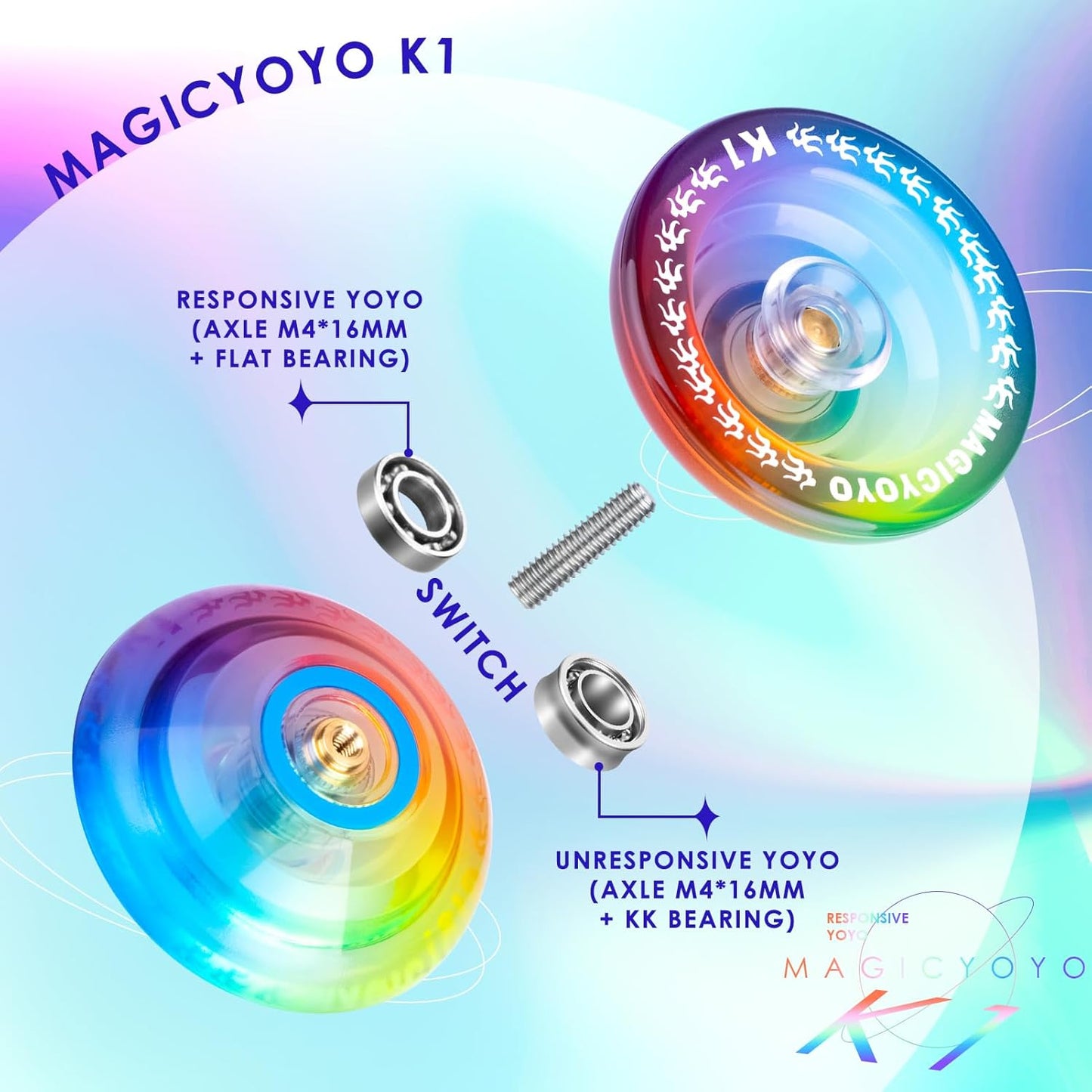 MAGICYOYO Responsive and Slow Yo-Yo with Bearing Kit + 12 Strings + Storage Bag (V11 Lake Blue + K1 Blue Pink Yellow)