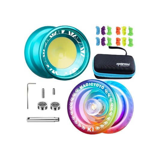 MAGICYOYO Responsive and Slow Yo-Yo with Bearing Kit + 12 Strings + Storage Bag (V11 Lake Blue + K1 Blue Pink Yellow)