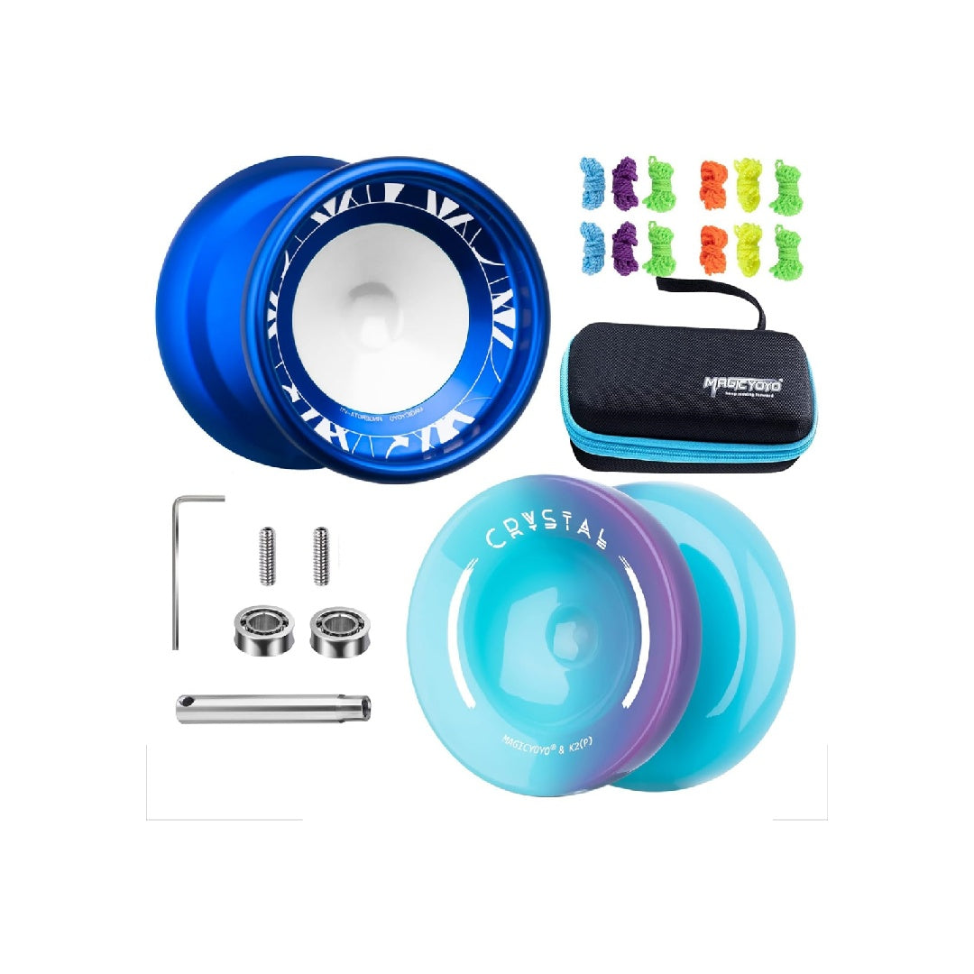 MAGICYOYO Responsive and Slow Yo-Yo with Bearing Kit + 12 Strings + Storage Bag (V11 Lake Blue + K1 Blue Pink Yellow)